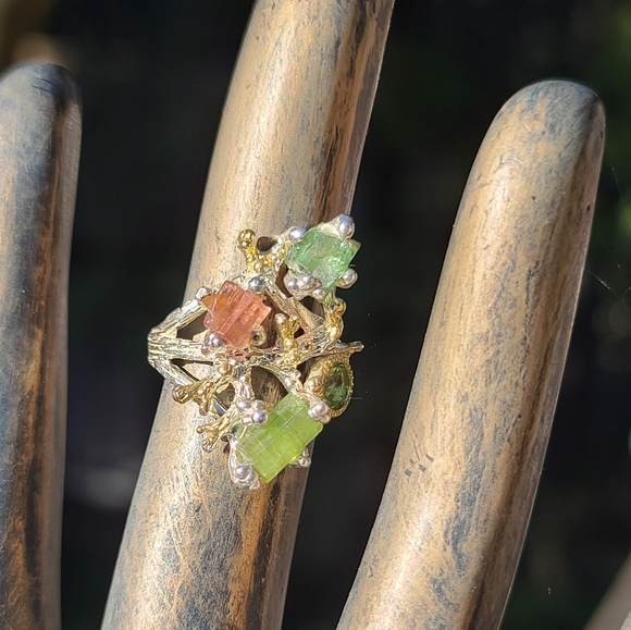 Natural Kharma by Avelon Jewelry - Turmulene green ocean & watermelon 🍉 w/Peridot sterling & gold ring sz6.5